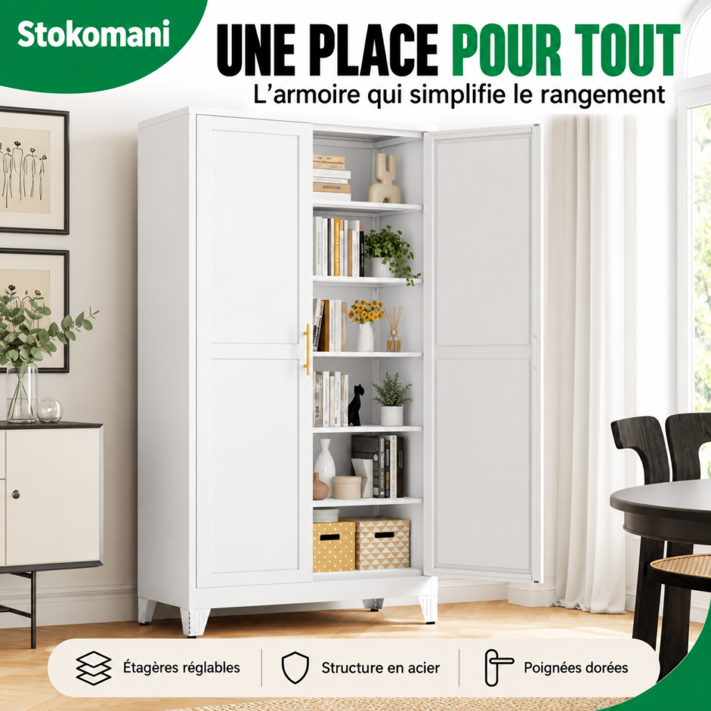 Armoire 2 Portes - 6 Niveaux & Étagères Réglables