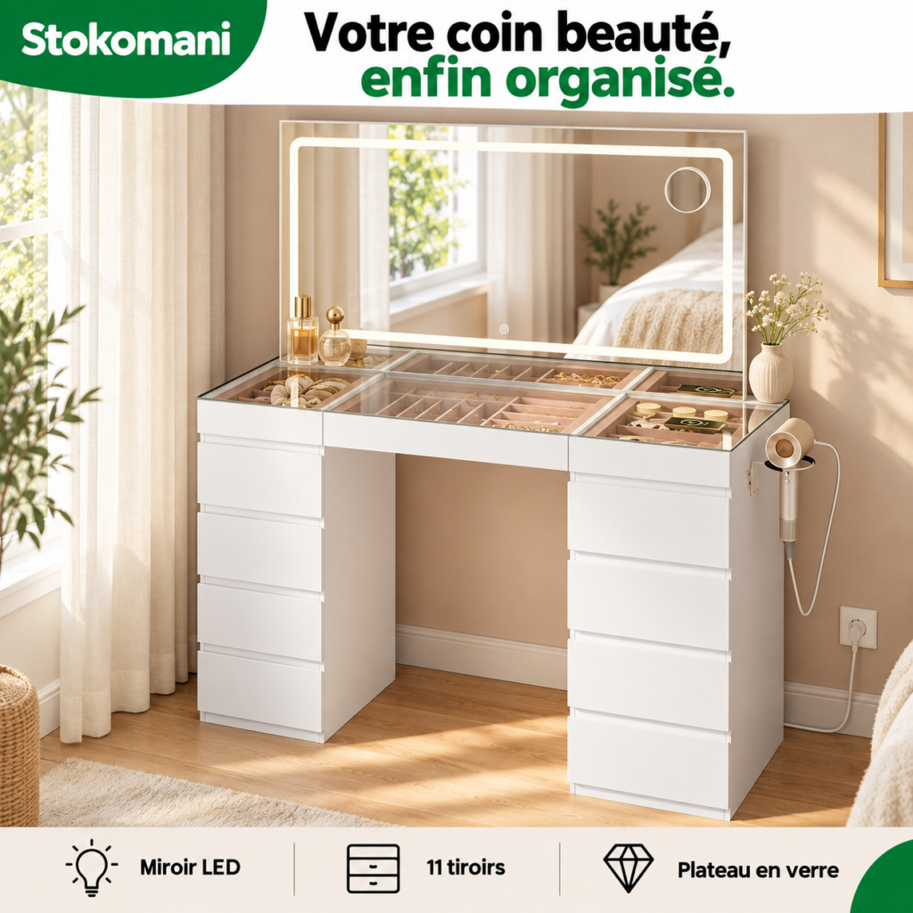 Coiffeuse LED — Miroir, Prise & 11 Tiroirs
