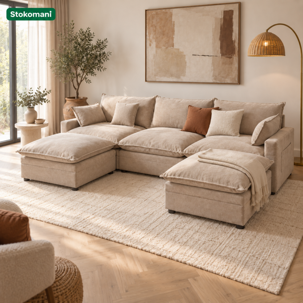 Canapé Nuage 5 Places avec 2 Poufs