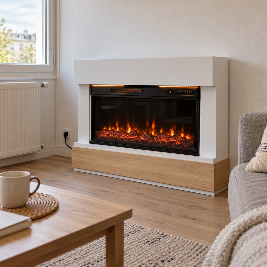 Cheminée Électrique – Effet Flammes 3D & Chauffage 2 000 W